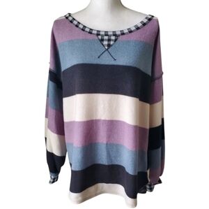 BiBi Brushed Knit Striped Color Block Sweatshirt Gingham Trim Oversized Size L